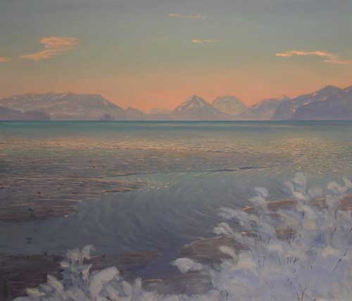 Little Mummy Island Winter Sunset Cordova Orca Inlet Oil Painting by David Rosenthal